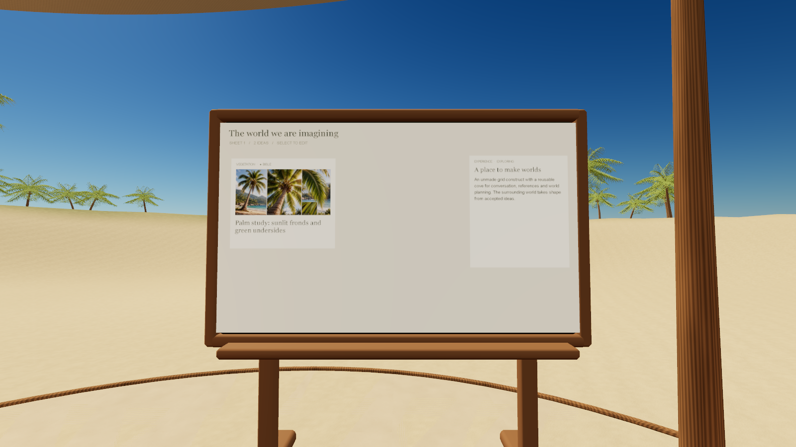 The cove mood board titled The world we are imagining, with a palm study and the island visible behind it.