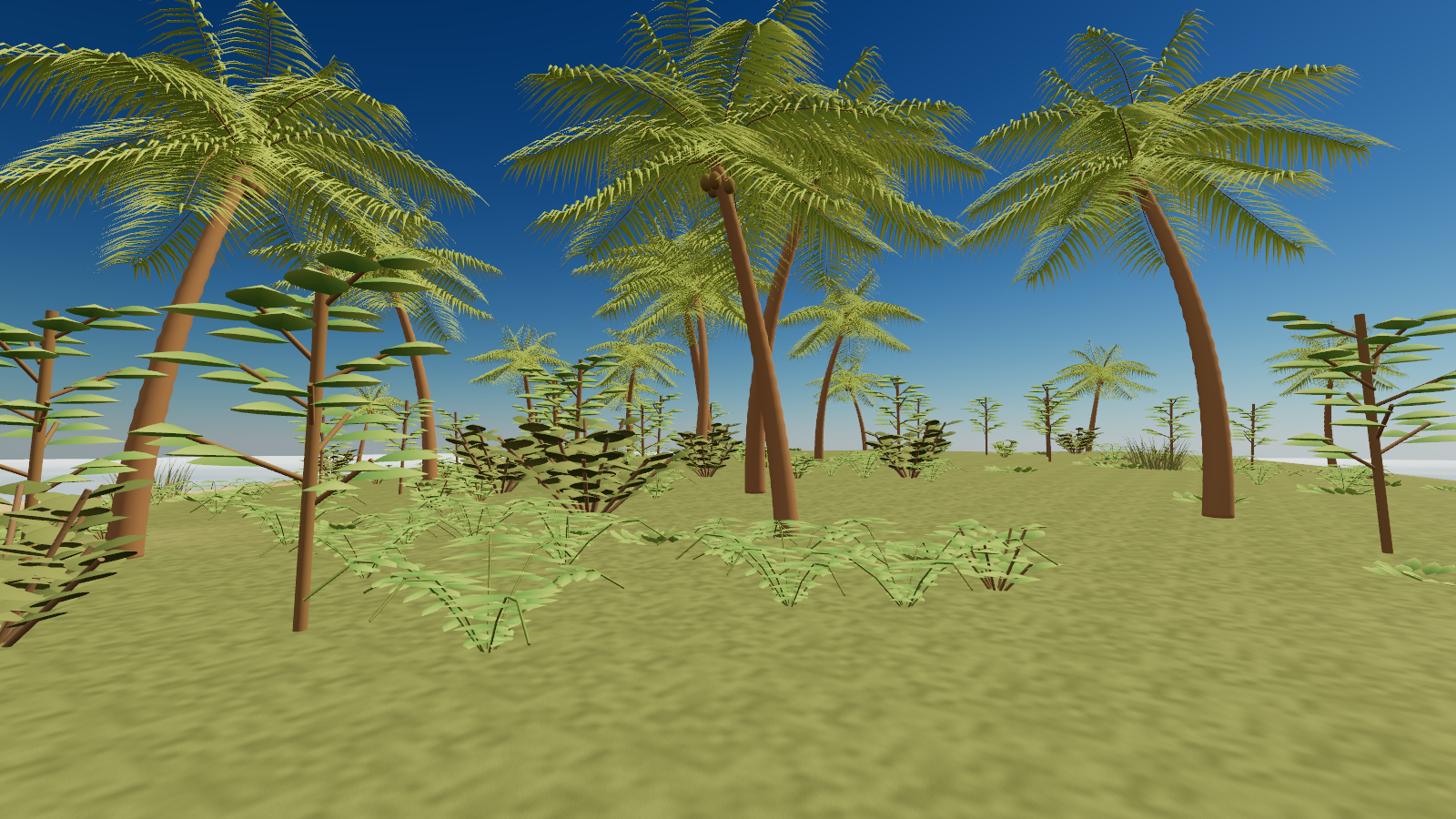 A palm grove on Tidemark, with trunks, fronds, and sand between the trees.
