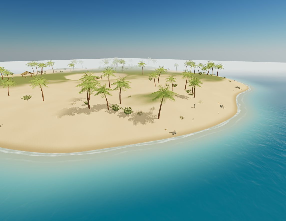 Tidemark Island from above, with beaches, jungle, and the surrounding water.